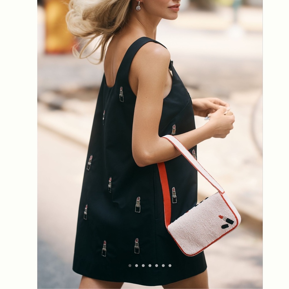 💄Anthroplogie Sleeveless Shift Mini Dress Maeve Bow Lipstick Embellished Black